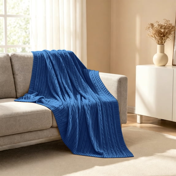 Lorviah Cable Knit Throw Blanket 51"x67" – Cobalt Blue, Premium Cotton, Soft & Warm, Cozy Decorative Throw for Bed, Sofa, Couch, Living Room Home Decor