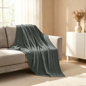 Lorviah Cable Knit Throw Blanket 51"x67" – Grey and White, Premium Cotton, Soft & Warm, Cozy Decorative Throw for Bed, Sofa, Couch, Living Room Home Decor