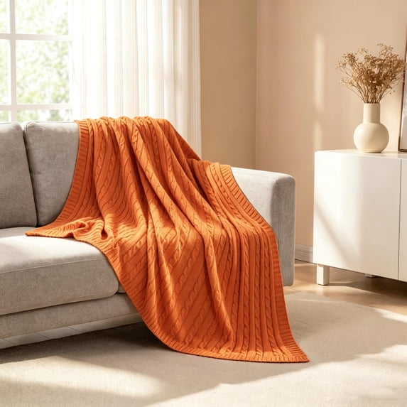 Lorviah Cable Knit Throw Blanket 51"x67" – Orange, Premium Cotton, Soft & Warm, Cozy Decorative Throw for Bed, Sofa, Couch, Living Room Home Decor
