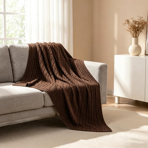 Lorviah Cable Knit Twin Blanket 60"x80" – Brown, Premium Cotton, Soft & Warm, Cozy Decorative Throw for Bed, Sofa, Couch, Living Room Home Decor