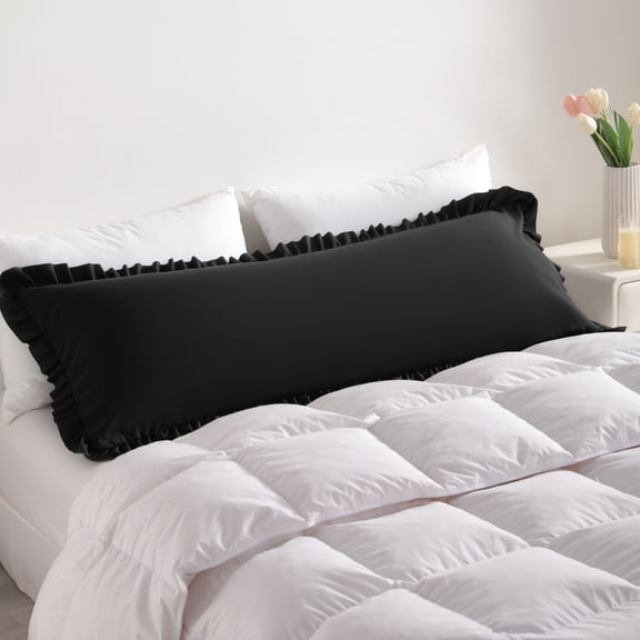 Lorviah Ruffled Body Pillowcase, Ultra Soft & Breathable 20"x54" Ruffled Body Pillow Cover with Envelope Closure, Black