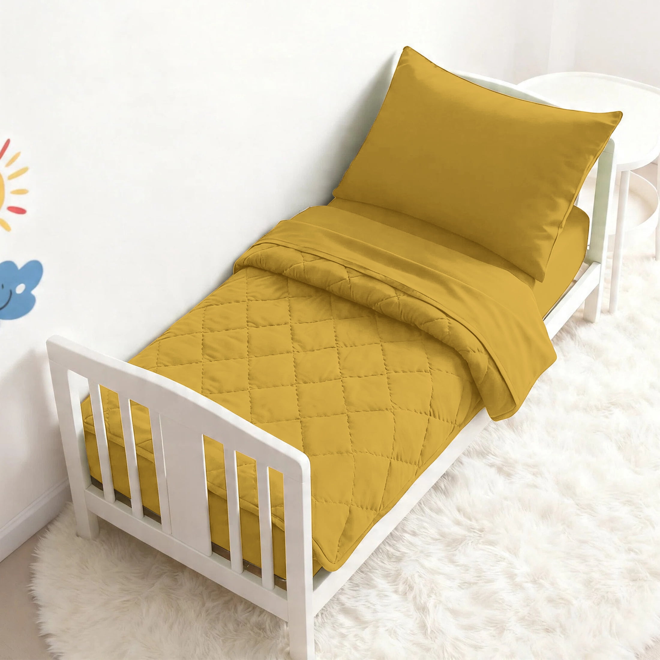 Lorviah Toddler Bedding Set, Microfiber 4 Piece Ultra Soft and Breathable Crib Bedding Set for Boys and Girls, with Quilted Comforter, Fitted Sheet, Flat Sheet, Pillowcase - Yellow