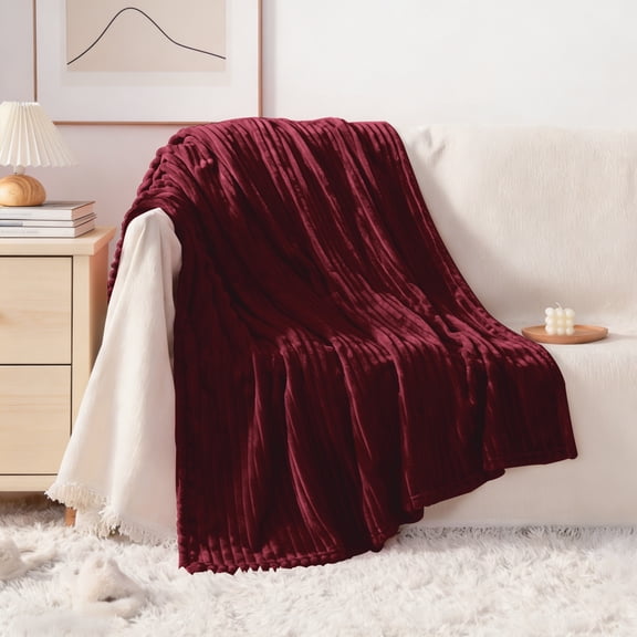 Lorviah Ultra Soft Flannel Throw Blanket, OEKO-TEX Certified, 50"x60", Machine Washable, Striped for Couch Sofa Bed, Wine Red