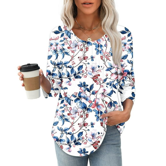 Lorytime 3/4 Length Sleeve Women's Shirts Petite Tunic Cotton Pleated Tops Casual Crewneck Shirts Funny Floral Graphic T Shirts 2025 Fashion Spring Summer Ladies Tops Loose Fit Outfits Pullover L