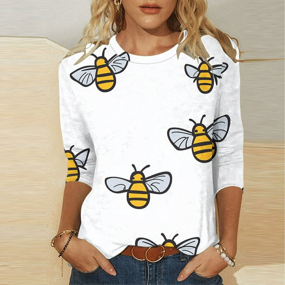 Lorytime 3/4 Length Sleeve Women's Shirts Plus Size Tunic Bee Festival Tops Casual Crew Neck Shirts Cute Honey Bee Print T Shirts 2025 Trendy Spring Summer Ladies Tops Loose Outfits Pullover White S