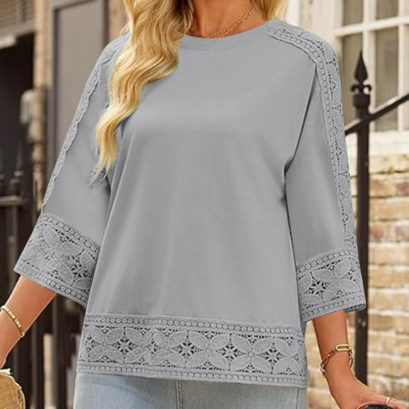Lorytime 3/4 Length Sleeve Womens Tops Petite Tunic Cotton Linen Tops Dressy Casual Solid Crew Neck Shirts Cute Lace T Shirts 2025 Trendy Spring Summer Ladies Tops Loose Fit Outfits Pullover Gray XL