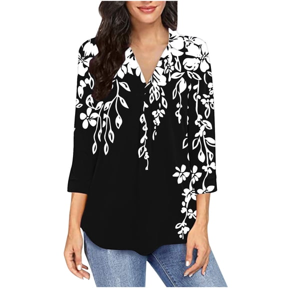 Lorytime 3/4 Sleeve Shirts for Women Petite Tunic Cotton Tops Casual V Neck Shirts Cute Flowers Print T Shirts 2025 Trendy Spring Summer Ladies Tops Loose Fit Boho Basic Outfits Pullover Black XL