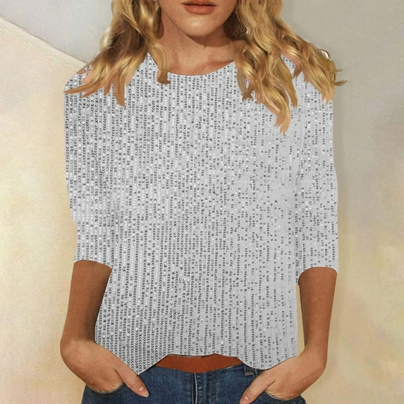 Lorytime 3/4 Sleeve Tops for Women Petite Tunic Sequin Tops Dressy Casual Solid Crew Neck Shirts Cute T Shirts 2025 Fashion Spring Summer Ladies Tops Loose Fit Y2k Basic Outfits Pullover Silver L