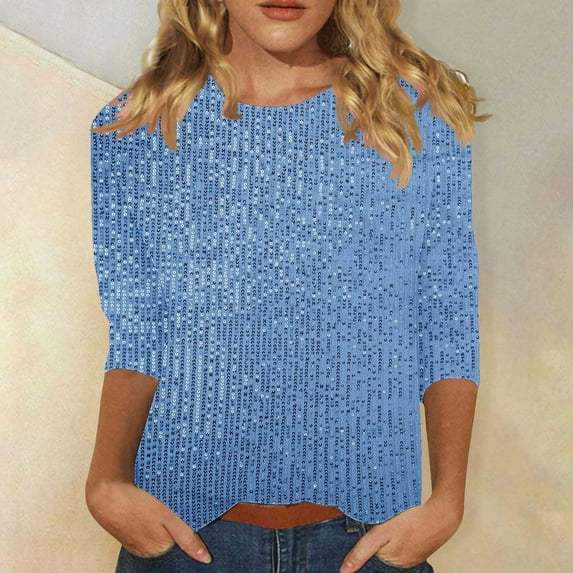 Lorytime 3/4 Sleeve Tops for Women Petite Tunic Sequin Tops Dressy Casual Solid Crew Neck Shirts Cute T Shirts 2025 Fashion Spring Summer Ladies Tops Loose Fit Boho Basic Outfits Pullover Blue S