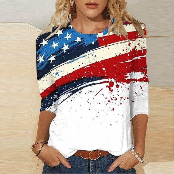 Lorytime 4th of July Outfits for Women Patriotic Graphic Tops Red White and Blue Wear 3/4 Sleeve Holidays Clothes 5XL