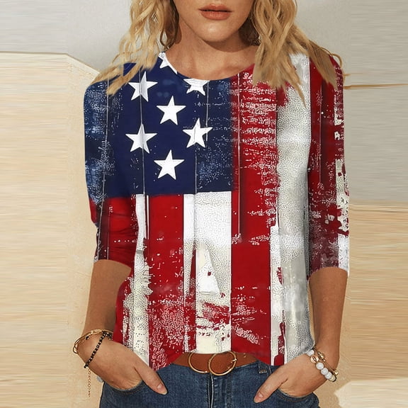 Lorytime 4th of July Outfits for Women Patriotic Graphic Tops Red White and Blue Wear 3/4 Sleeve Holidays Clothes L