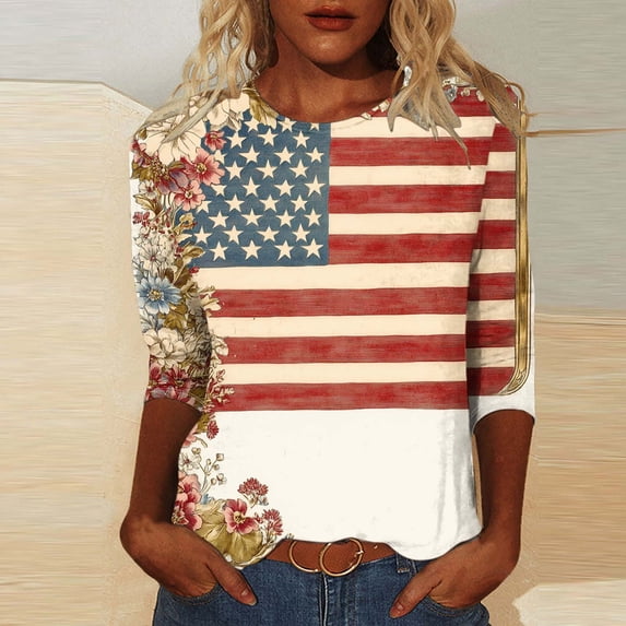 Lorytime 4th of July Shirts Women Stars and Stripes Tops Patriotic Graphic Clothes Lorytime 3/4 Sleeve Holidays Clothes