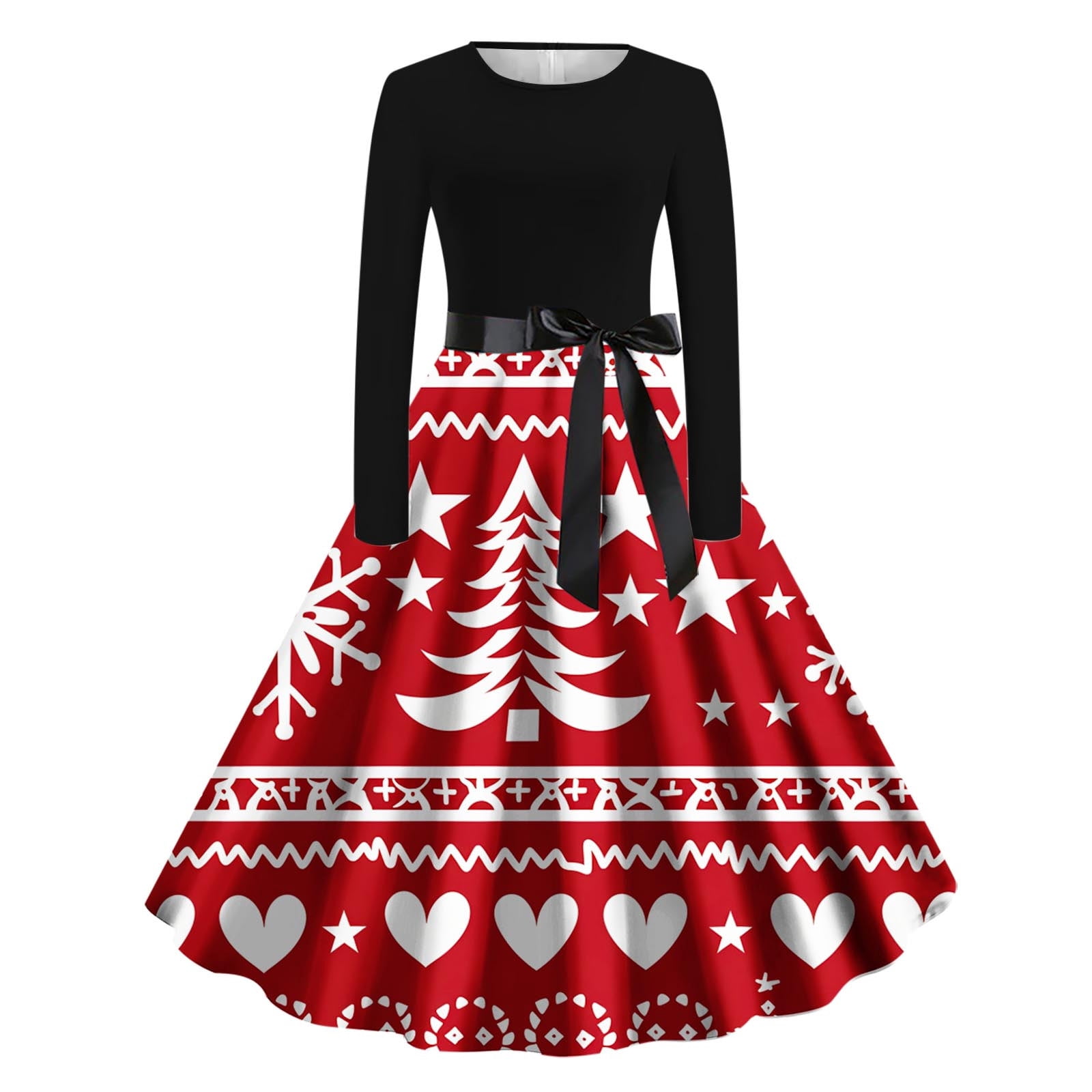 Lorytime 50s Dress for Women Christmas Tree Crew Neck A Line Dresses Long Sleeve Party Dresses with Belt