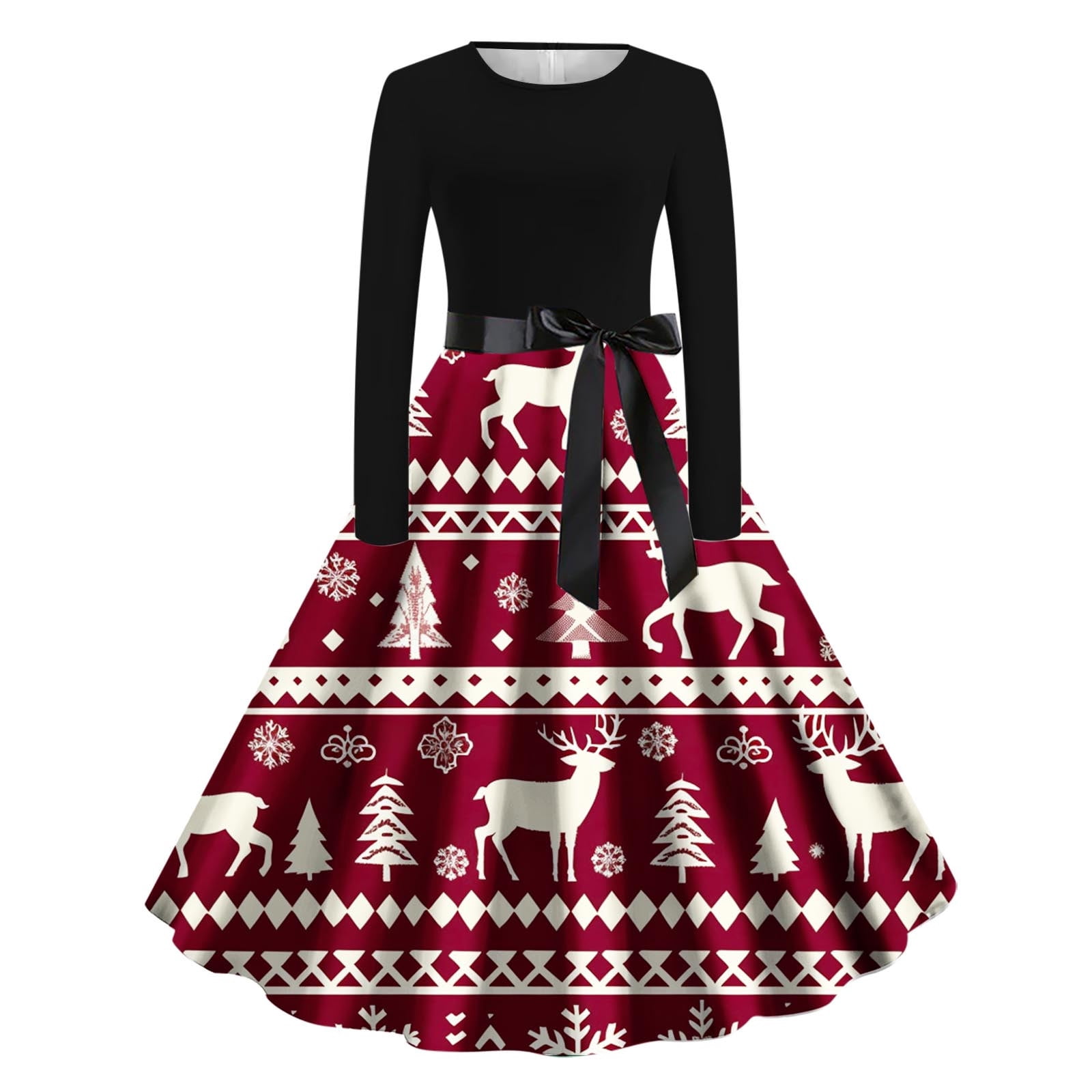 plus size christmas party dresses for over 50s Lorytime 50s Dresses for Women Plus Size Christmas Reindeer Crew Neck A  Line Dress Long Sleeve Party Dresses with Belt
