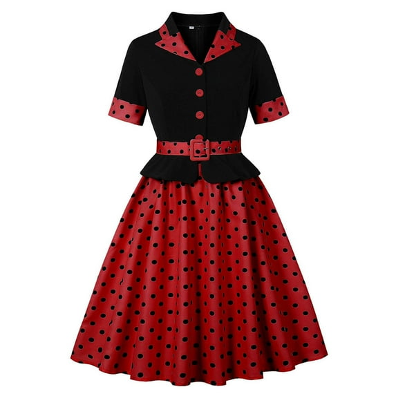 Lorytime 50s Dresses for Women Vintage Belt Midi A Line Gown Lapel Collared Vintage Dress Short Sleeve Party Dresses