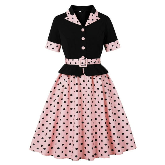 Lorytime 50s Dresses for Women Vintage Belt Midi A Line Gown Lapel Collared Vintage Dress Short Sleeve Party Dresses