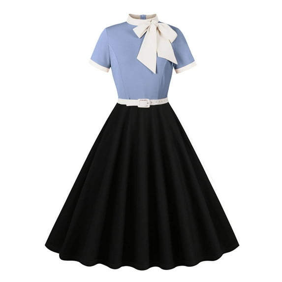 Lorytime 50s Dresses for Women Vintage Bow Midi A Line Gown High Neck Vintage Dress Short Sleeve Party Dresses