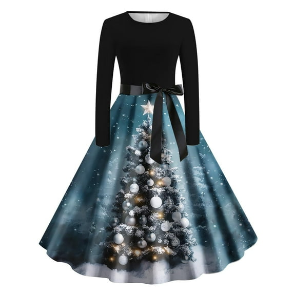 Lorytime 50s Dresses for Women Vintage Christmas Tree Crew Neck A Line Dress Long Sleeve Party Dresses with Belt