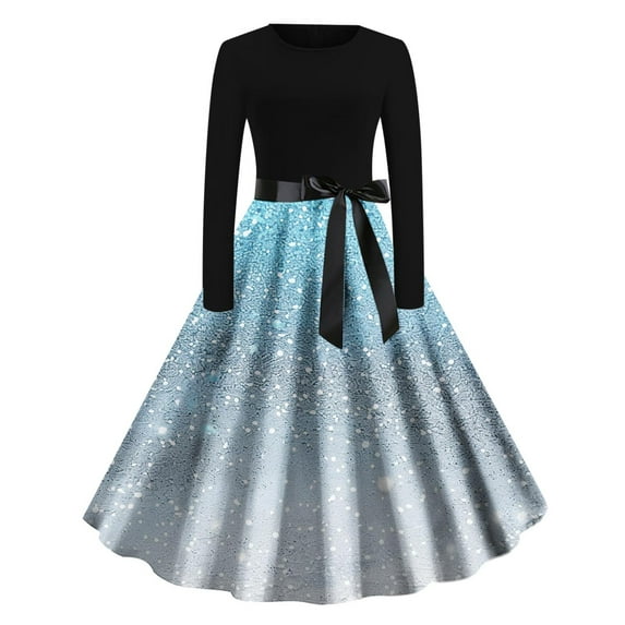 Lorytime 50s Dresses for Women Vintage Midi A Line Gown Crew Neck Cocktail Dress with Belt Long Sleeve Party Dresses