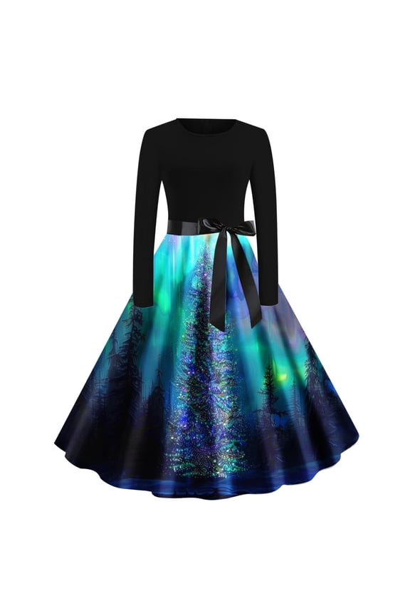 A Line Cocktail Dress Women Christmas Tree Crew Neck Elegant Dresses Long Sleeve Party Dresses with Belt
