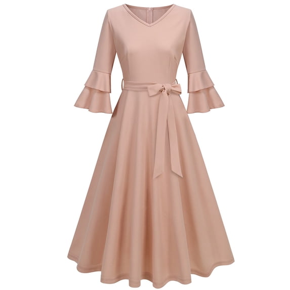 Lorytime A Line Dresses for Women Bow Midi A Line Gown V Neck Vintage Dress Short Sleeve Party Dresses
