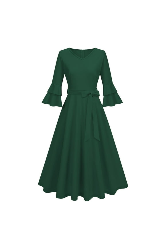 A Line Dresses for Women Bow Midi A Line Gown V Neck Vintage Dress Short Sleeve Party Dresses