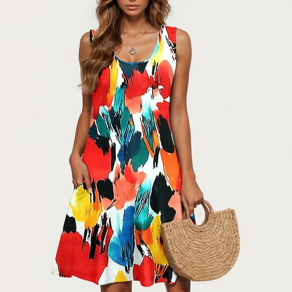 Lorytime Beach Dresses for Women Sleeveless Orange Summer with Pocket Tank Dress Mini Dress Hawaiian Oversized Sundress Knee Length Short Dress Graphic Print Crewneck Dress S