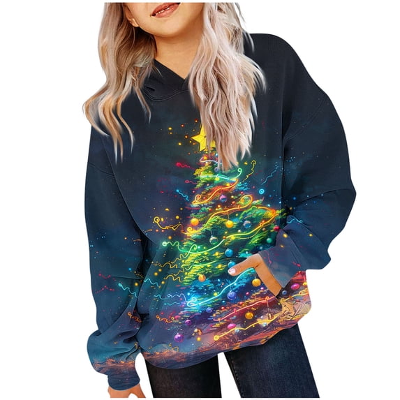Lorytime Boys Girls Hoodies with Bows Christmas Tree Star Sweatshirt Long Sleeve Pullover with Pocket Drop Shoulder Tops