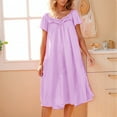 thumbnail image 1 of Lorytime Calf Length Women's Nightgown Long Short Sleeve Ice Silk Lace Nightdress Crewneck Solid Sleepshirts Sleepdress Pleated Pajamas Dress Comfy Soft Lounge Nightgowns Purple, 1 of 6