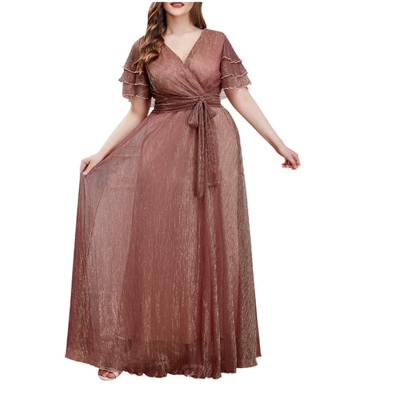 Lorytime Chiffon Dress for Women Plus Size Plus size Maxi A Line Gown V Neck Cocktail Dresses Flowwy Sleeve Party Dress