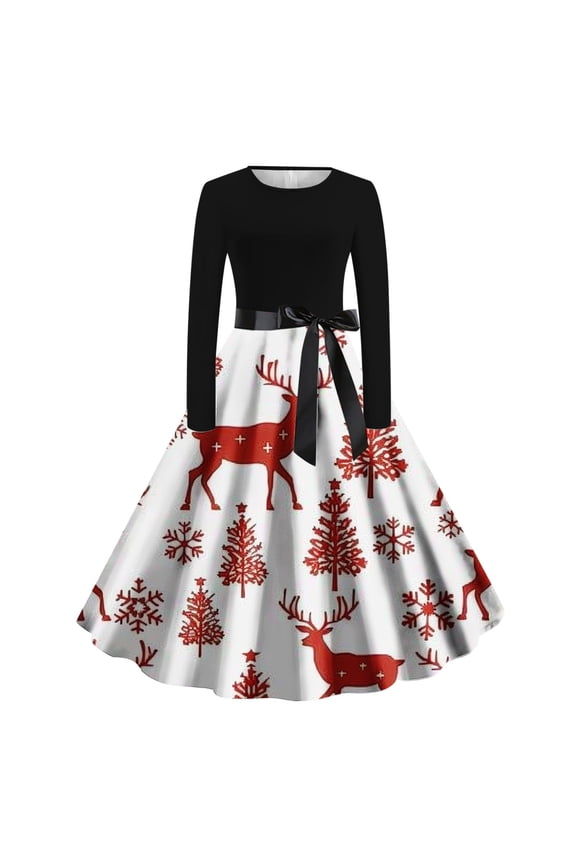 Christmas A Line Cocktail Dress Women Reindeer Crew Neck Elegant Dresses Long Sleeve Party Dresses with Belt
