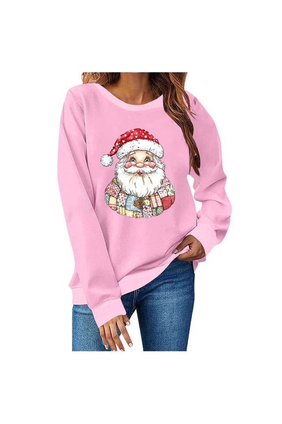 Christmas Crew Neck Sweatshirts Wome Santa Claus Print Shirt Long Sleeve Pullover Loose Tops for Holiday