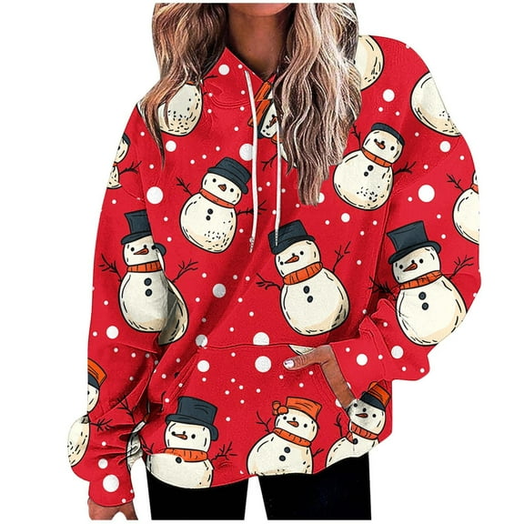 Lorytime Christmas Fleece Hoodies for Women Santa Claus Print Sweatshirt Long Sleeve Pullover Drop Shoulder Loose Tops