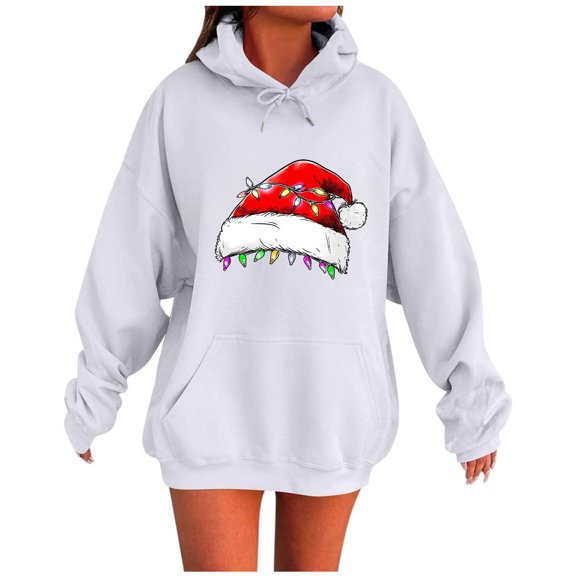 Lorytime Christmas Fleece Hoodies for Women Santa Hat Print Sweatshirt Long Sleeve Pullover with Pocket Tops for Festive