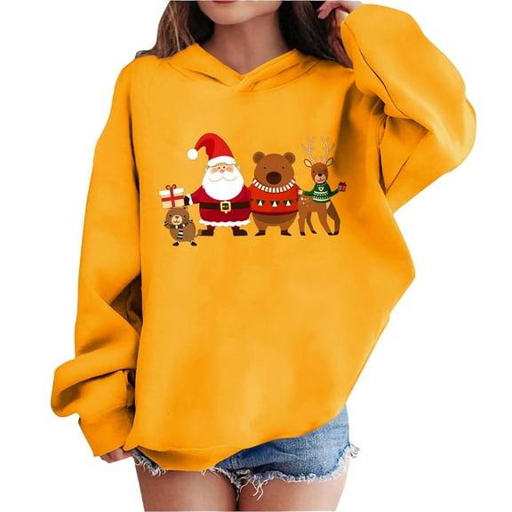 Lorytime Christmas Hoodies for Boys Unisex Santa Claus Sweatshirt Long Sleeve Pullover Drop Shoulder Cute Tops Yellow