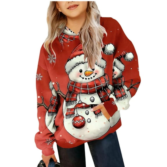 Lorytime Christmas Hoodies for Girls with Fleece Boys Snowman Sweatshirt Crew Neck Long Sleeve Pullover Drop Shoulder Tops