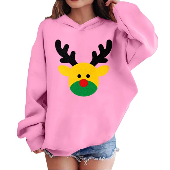 Lorytime Christmas Hoodies for Kids Boys Girls Reindeer Sweatshirt Long Sleeve Pullover Drop Shoulder Soft Tops Pink