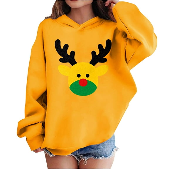 Lorytime Christmas Hoodies for Kids Boys Girls Reindeer Sweatshirt Long Sleeve Pullover Drop Shoulder Soft Tops Yellow
