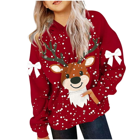 Lorytime Christmas Hoodies for Teen Girls Unisex Reindeer Bow Sweatshirt Long Sleeve Tops with Pocket Cute Pullover