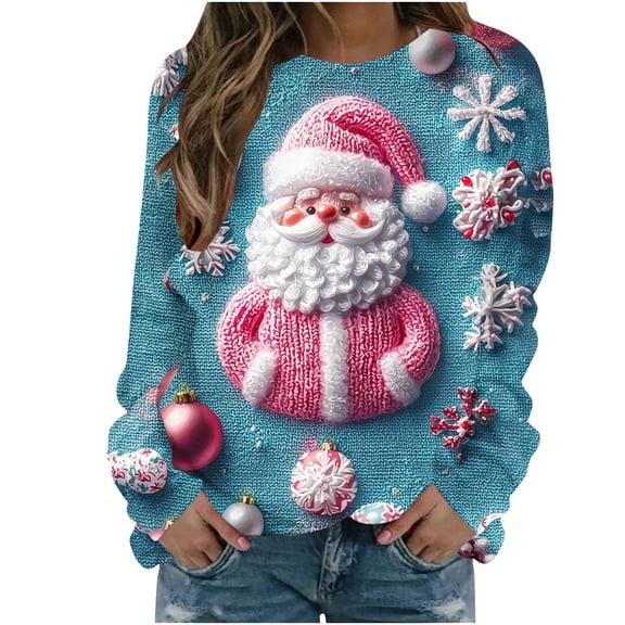 Lorytime Christmas Oversized Fleece Hoodies for Women Santa Claus Print Sweatshirt Crew Neck Long Sleeve Pullover Tops