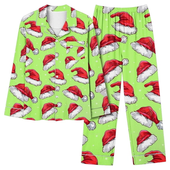 Lorytime Christmas Pajamas Sets for Women Santa Hat Long Sleeved Collared Tops Elastic Waist Pants Holiday Sleepwear