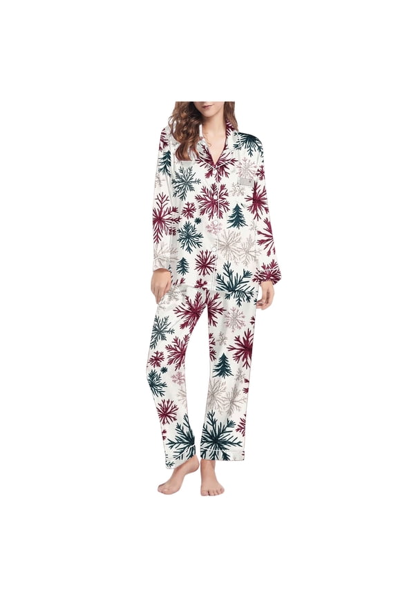 Christmas Pjs Set for Women Snowflakes Long Sleeved Collared Tops Elastic Waist Pants Festive Sleepwear
