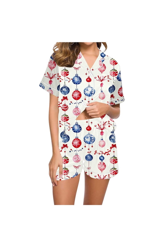 Christmas Pjs Sets for Women Candy Short Sleeved Collared Button Down Shirt Sleep Shorts Festive Loungewear Gift