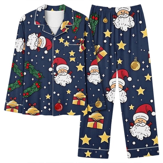 Lorytime Christmas Pjs Sets for Women Santa Claus Long Sleeved Collared Tops Elastic Waist Pants Festive Loungewear
