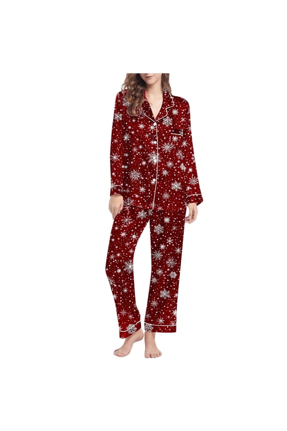 Christmas Pjs Women Set Snowflakes Long Sleeved Collared Tops Elastic Waist Pants Holiday Sleepwear Gift