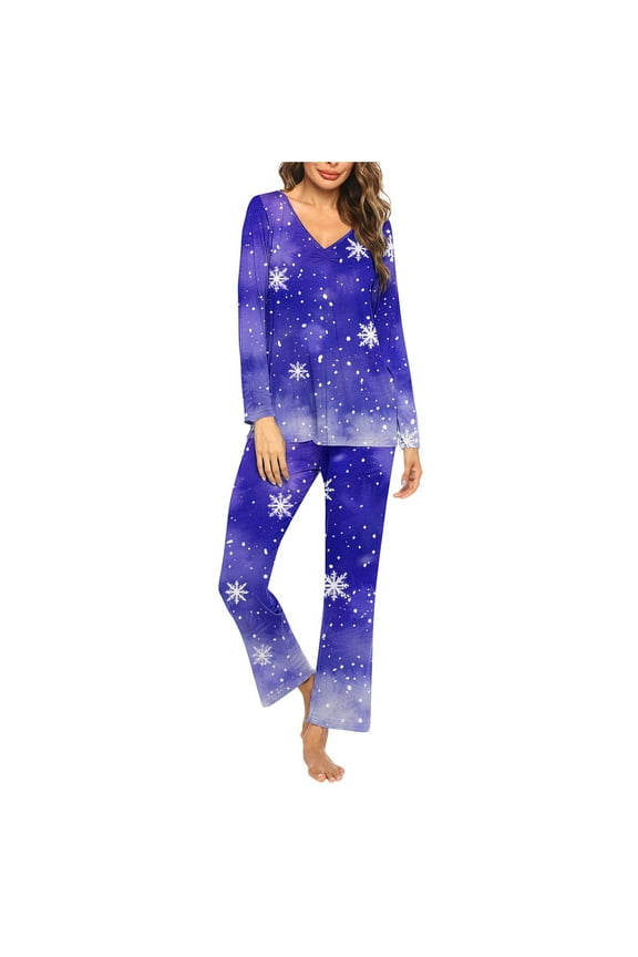 Christmas Pjs Women Set Snowflakes Long Sleeved V-Neck Tops Elastic Waist Pants Cozy Sleepwear