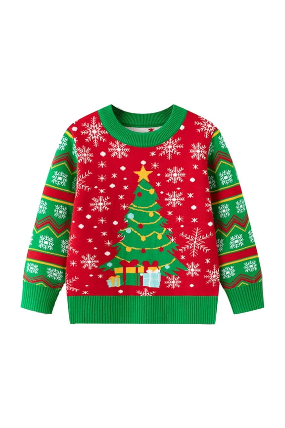 Christmas Sweater for Girls Boys Kids Tree Snowflakes Knitted Pullover Crewneck Long Sleeve Tops Spring Knitwear