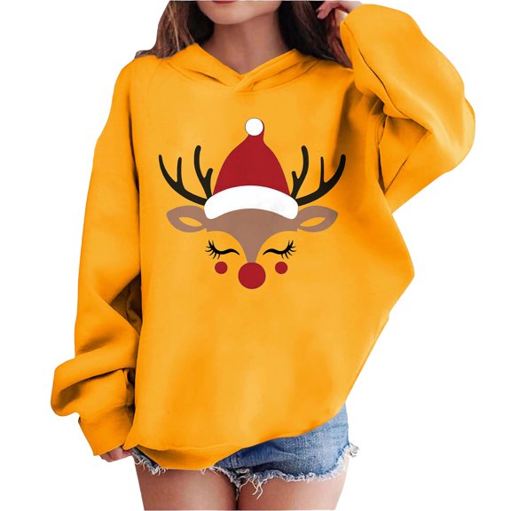 Lorytime Christmas Sweater for Kids Girls Boys Reindeer Hoodies Long Sleeve Pullover Drop Shoulder Cute Tops Yellow