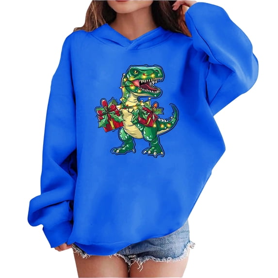 Lorytime Christmas Sweaters for Kids Girls Boys Dinosaur Hoodies Long Sleeve Pullover Drop Shoulder Cute Tops Blue