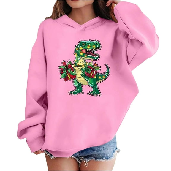 Lorytime Christmas Sweaters for Kids Girls Boys Dinosaur Hoodies Long Sleeve Pullover Drop Shoulder Cute Tops Pink 5 Years